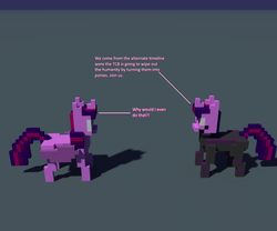 Size: 960x800 | Tagged: safe, artist:derek the metagamer, twilight sparkle, alicorn, pony, unicorn, fanfic:the conversion bureau, g4, 3d, comic, evil twilight, future twilight, self ponidox, the conversion bureau, twilight sparkle (alicorn), voxel art