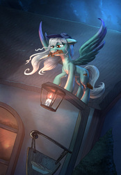 Size: 1920x2759 | Tagged: safe, artist:tsitra360, artist:vest, part of a set, oc, oc only, oc:ice, pegasus, pony, cap, collaboration, commission, dagger, female, hat, knife, lantern, mare, mouth hold, sign, solo, spread wings, weapon, wings