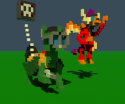 Size: 960x800 | Tagged: safe, artist:derek the metagamer, mistress marevelous, smolder, oc, oc:emerald rook, changedling, changeling, dragon, g4, book, dragoning, magicavoxel, power ponies, superhero, tome of power, voxel art, zapper