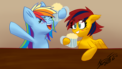 Size: 1920x1080 | Tagged: safe, artist:max rider, artist:stellardust, derpibooru exclusive, rainbow dash, oc, oc:firestorm metallic, pegasus, pony, g4, bar, cider, collaboration, dashie has a drinking problem, female, grin, mare, smiling, tankard