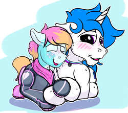 Size: 2425x2145 | Tagged: safe, artist:frostyb, oc, oc:country curves, oc:frost bright, earth pony, pony, unicorn, bandana, blushing, catsuit, collar, cuddling, dominatrix, female, high res, latex, latex suit, male, pet tag, stallion, straight, submissive