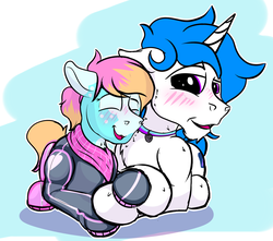 Size: 2425x2145 | Tagged: safe, artist:frostyb, oc, oc:country curves, oc:frost bright, earth pony, pony, unicorn, bandana, blushing, catsuit, collar, cuddling, dominant, dominatrix, female, femdom, high res, latex, latex suit, male, malesub, pet tag, stallion, straight, submissive