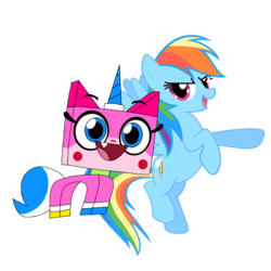 Size: 900x900 | Tagged: safe, artist:lachlandingoofficial, rainbow dash, g4, crossover, duo, lego, simple background, the lego movie, transparent background, unikitty, unikitty!