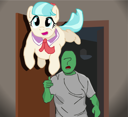 Size: 817x750 | Tagged: safe, artist:cocopommel, coco pommel, oc, oc:anon, pony, g4, behaving like a dog, clothes, jumping, meme, necktie, open mouth, ponified animal photo, smiling, spotlight, throwing