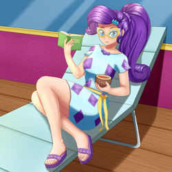 Size: 2000x2000 | Tagged: safe, artist:focusb, rarity, human, equestria girls, equestria girls specials, g4, my little pony equestria girls: better together, my little pony equestria girls: spring breakdown, book, coconut, cruise ship, feet, female, food, high res, humanized, juice, legs, looking at you, sandals, scene interpretation, solo