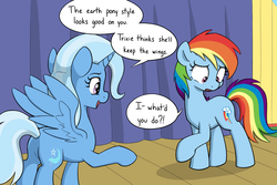 Size: 1800x1200 | Tagged: safe, artist:skitter, rainbow dash, trixie, alicorn, earth pony, pony, boast busters, g4, alicornified, butt, cute, cutie mark, duo, duo female, earth pony rainbow dash, female, mare, plot, race swap, speech bubble, talking, this will end in tears, this will not end well, transformation, trixiecorn, wing theft