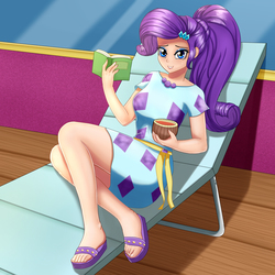 Size: 2000x2000 | Tagged: safe, alternate version, artist:focusb, rarity, human, equestria girls, equestria girls series, g4, spring breakdown, spoiler:eqg series (season 2), book, coconut, cruise ship, feet, female, food, high res, humanized, juice, looking at you, sandals, solo