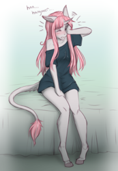 Size: 2289x3300 | Tagged: safe, artist:askbubblelee, oc, oc only, oc:rosie quartz, unicorn, anthro, unguligrade anthro, adorasexy, anthro oc, blushing, blushing profusely, clothes, crying, cute, ear blush, eyes closed, female, hangover, high res, hooves, horn, horn blush, legs, leonine tail, mare, morning ponies, off shoulder, sexy, shirt, solo, t-shirt, tears of pain, waking up