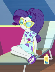 Size: 549x720 | Tagged: safe, screencap, rarity, equestria girls, equestria girls series, g4, spring breakdown, spoiler:eqg series (season 2), clothes, coconut, crooked glasses, cropped, dress, exasperated face, fainting couch, feet, female, food, geode of shielding, glasses, legs, magical geodes, ponytail, sandals, solo, sunglasses, sunscreen