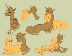 Size: 4569x3541 | Tagged: safe, artist:varwing, applejack, trenderhoof, oc, earth pony, pony, unicorn, g4, female, foal, glowing horn, horn, kissing, limited palette, magic, male, mare, missing accessory, nuzzling, offspring, parent:applejack, parent:trenderhoof, parents:trenderjack, quill, scroll, shipping, simple background, sketch, sketch dump, sleeping, stallion, straight, telekinesis, trenderjack