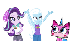 Size: 1920x1080 | Tagged: safe, artist:cgh-walker, artist:punzil504, artist:specialsdong, starlight glimmer, trixie, equestria girls, g4, beanie, clothes, crossover, hat, lego, shorts, simple background, the lego movie, transparent background, unikitty, unikitty!, vector