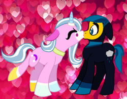 Size: 812x634 | Tagged: safe, artist:justwestofweird, artist:splashiesarts, pony, abstract background, base used, female, kissing, lego, male, master frown, ponified, shipping, straight, the lego movie, unifrown, unikitty, unikitty!