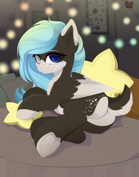 Size: 3000x3800 | Tagged: safe, alternate version, artist:xsatanielx, oc, oc only, pegasus, pony, rcf community, bed, butt, commission, female, heterochromia, high res, lights, mare, pale belly, pillow, plot, solo, stars
