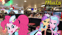 Size: 750x422 | Tagged: safe, pinkie pie, sunny sugarsocks, tip top, coinky-dink world, equestria girls, g4, my little pony equestria girls: summertime shorts, american restaurant, diner, heart hands, irl, mels, mels diner, photo, restaurant, server pinkie pie, the original mels, waitress