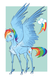 Size: 1798x2615 | Tagged: safe, artist:varwing, edit, part of a set, rainbow dash, pegasus, pony, g4, abstract background, chest fluff, coat markings, cropped, cute, cutie mark, dashabetes, female, looking back, mare, smiling, solo, spread wings, unshorn fetlocks, wings