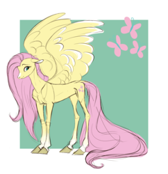 Size: 2709x2800 | Tagged: safe, artist:varwing, edit, part of a set, fluttershy, pegasus, pony, g4, abstract background, aside glance, blaze (coat marking), coat markings, colored hooves, cropped, cute, cutie mark, dock, facial markings, female, floppy ears, high res, lanky, long tail, looking at you, mare, shyabetes, skinny, smiling, socks (coat markings), solo, spread wings, standing, thin, three quarter view, wings