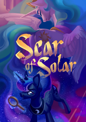 Size: 2894x4093 | Tagged: dead source, safe, artist:gashiboka, artist:holivi, princess celestia, princess luna, alicorn, pony, comic:scar of solar, g4, comic cover, commission, cover art, crown, eyes closed, female, jewelry, looking at you, magnifying glass, mare, peytral, regalia, royal sisters