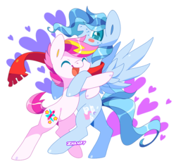Size: 565x534 | Tagged: safe, artist:zhampy, oc, oc only, oc:zowie stardust, earth pony, pegasus, pony, abstract background, blushing, clothes, colored pupils, duo, female, freckles, heart, hug, mare, open mouth, scarf, spread wings, wings