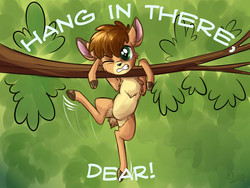 Size: 1200x900 | Tagged: safe, artist:sirzi, oc, oc only, deer, fawn, fordeer, original species, chest fluff, hang in there, hanging, pale belly, pun, solo, tree, tree branch