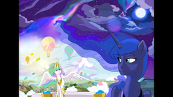 Size: 1920x1080 | Tagged: safe, artist:ponyhiall, princess celestia, princess luna, pony, g4, aurora borealis, cloud, confetti, day, female, horizon, hot air balloon, moon, night, ponyville, sisters, sky, stars, sun, watch