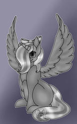 Size: 600x967 | Tagged: safe, artist:mtfoxx3-fan, oc, oc:fleurbelle, alicorn, pony, adorabelle, alicorn oc, bow, cute, female, grayscale, hair bow, hair over one eye, happy, long hair, long mane, long tail, mare, monochrome, ocbetes, ribbon, smiling, solo, sweet