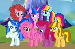 Size: 1574x1027 | Tagged: safe, artist:徐詩珮, oc, oc only, oc:apple shiot, oc:betty pop, oc:bitter flower, oc:cake pie, oc:rainbow beart, oc:sky britt, oc:vesty sparkle, alicorn, earth pony, pegasus, pony, unicorn, alicorn oc, base used, female, friendship, magical lesbian spawn, mare, next generation, offspring, parent:applejack, parent:big macintosh, parent:caramel, parent:cheese sandwich, parent:fancypants, parent:flash sentry, parent:fluttershy, parent:glitter drops, parent:pinkie pie, parent:rainbow dash, parent:rarity, parent:soarin', parent:tempest shadow, parent:twilight sparkle, parents:carajack, parents:cheesepie, parents:flashlight, parents:fluttermac, parents:glittershadow, parents:raripants, parents:soarindash, solo, twilight's castle