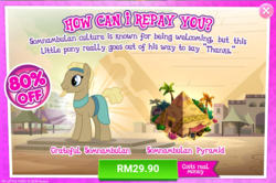 Size: 1041x691 | Tagged: safe, gameloft, nekhet, earth pony, pony, g4, my little pony: magic princess, advertisement, background pony, beard, costs real money, facial hair, introduction card, male, sale, stallion