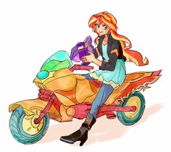 Size: 1024x910 | Tagged: safe, artist:keeerooooo1, sunset shimmer, human, equestria girls, g4, clothes, cute, female, helmet, jacket, leather jacket, motorcycle, motorcycle helmet, open mouth, shimmerbetes, simple background, solo, white background