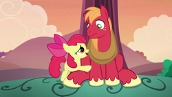 Size: 1920x1080 | Tagged: safe, screencap, apple bloom, big macintosh, earth pony, pony, brotherhooves social, g4, adorabloom, brother and sister, cute, duo, duo male and female, female, filly, foal, hug, looking at each other, looking at someone, male, sitting, stallion