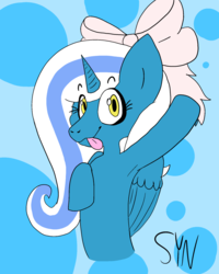 Size: 1600x2000 | Tagged: safe, artist:sketchsynergy, oc, oc:fleurbelle, alicorn, pony, :p, adorabelle, alicorn oc, armpits, bow, cute, female, hair bow, happy, hooves, long hair, long mane, mare, ocbetes, ribbon, silly, sweet, tongue out, yellow eyes