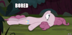 Size: 1272x620 | Tagged: safe, edit, edited screencap, screencap, mean pinkie pie, earth pony, pony, g4, the mean 6, animated, bored, boring, caption, clone, elongated body, female, forest, gif, gifs.com, image macro, on the floor, solo, text, tired
