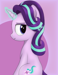 Size: 898x1160 | Tagged: safe, artist:noosa, starlight glimmer, pony, unicorn, g4, abstract background, cute, female, glimmerbetes, hair flick, lidded eyes, looking at you, looking back, looking back at you, magic, mare, profile, side view, simple background, smiling, smirk, solo