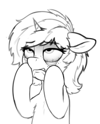 Size: 1567x1945 | Tagged: safe, artist:zippysqrl, oc, oc only, oc:sign, pony, unicorn, bust, chest fluff, female, floppy ears, freckles, grayscale, hooves on face, monochrome, simple background, solo, ugh, white background