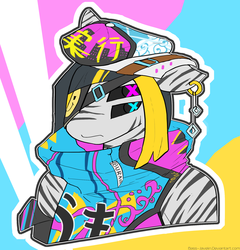 Size: 1920x2000 | Tagged: safe, artist:mopyr, oc, oc only, zebra, anthro, black sclera, bust, cap, clothes, ear piercing, earring, eyepatch, four eyes, hat, jacket, japanese, jewelry, outfit, piercing, portrait, solo