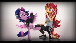 Size: 9600x5400 | Tagged: safe, artist:imafutureguitarhero, sci-twi, sunset shimmer, twilight sparkle, alicorn, pony, unicorn, anthro, plantigrade anthro, g4, 3d, absurd resolution, adidas, anthro with ponies, bandage, bipedal, black bars, chromatic aberration, clothes, colored eyebrows, duo, ear piercing, earring, faic, falling, female, film grain, floppy ears, freckles, grin, hand over mouth, hand wraps, hoodie, horn, jewelry, laughing, letterboxing, long hair, mare, nail polish, nose wrinkle, open mouth, peppered bacon, piercing, raised hoof, reflection, sci-twilicorn, screaming, shoes, signature, smiling, sneakers, source filmmaker, squatting, stifling laughter, tank top, tattoo, tongue out, trackpants, tracksuit, twilight sparkle (alicorn), wall of tags, wallpaper, wide eyes, wings, wrist wraps, yelling