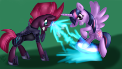Size: 1280x720 | Tagged: safe, artist:jbond, fizzlepop berrytwist, tempest shadow, twilight sparkle, alicorn, pony, unicorn, g4, angry, broken horn, duo, female, fight, flying, horn, mare, power ponies, toy interpretation, twilight sparkle (alicorn)