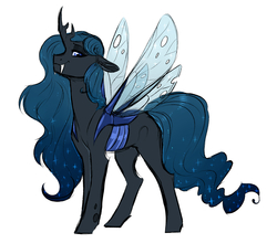 Size: 2232x1963 | Tagged: safe, artist:vindhov, oc, oc only, changepony, hybrid, commission, ethereal mane, fangs, female, interspecies offspring, magical lesbian spawn, mare, offspring, parent:princess luna, parent:queen chrysalis, parents:chrysaluna, simple background, solo, starry mane, white background