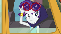 Size: 1590x894 | Tagged: safe, screencap, rarity, equestria girls, fomo, g4, my little pony equestria girls: better together, bracelet, clothes, cropped, geode of shielding, jewelry, magical geodes, shawl, spying, sunglasses, taxi