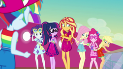 Size: 1920x1080 | Tagged: safe, screencap, applejack, fluttershy, pinkie pie, rainbow dash, rarity, sci-twi, sunset shimmer, twilight sparkle, equestria girls, equestria girls series, g4, spring breakdown, spoiler:eqg series (season 2), cap, clothes, crossed arms, cruise outfit, dress, female, geode of empathy, geode of shielding, geode of sugar bombs, glasses, hat, humane five, humane seven, humane six, legs, magical geodes, ponytail, shorts, skirt
