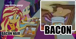 Size: 1408x723 | Tagged: safe, edit, edited screencap, screencap, fluttershy, sunset shimmer, equestria girls, equestria girls series, g4, spring breakdown, spoiler:eqg series (season 2), bacon, bacon hair, food, meat, they know