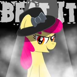 Size: 1000x1000 | Tagged: safe, artist:crystalmagic6, apple bloom, earth pony, pony, g4, apple, beat it, drawing, female, fog, food, half body, hat, light, medibang paint, smiling, smirk, solo, text