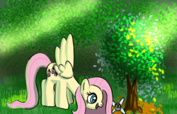 Size: 1247x801 | Tagged: safe, artist:platinumdrop, fluttershy, parasprite, pegasus, pony, g4, female, looking at something, looking down, mare, open mouth, outdoors, smiling, solo, standing, tree, wings
