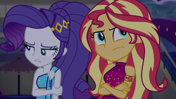 Size: 1920x1080 | Tagged: safe, screencap, rarity, sunset shimmer, equestria girls, equestria girls series, g4, spring breakdown, spoiler:eqg series (season 2), duo, female, geode of empathy, magical geodes, scrunchy face, sleeveless