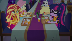 Size: 1920x1080 | Tagged: safe, screencap, applejack, fluttershy, rarity, sci-twi, sunset shimmer, twilight sparkle, equestria girls, equestria girls series, g4, spring breakdown, spoiler:eqg series (season 2), bacon, drink, female, food, geode of empathy, geode of super strength, geode of telekinesis, glasses, magical geodes, meat, ponytail, table