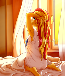 Size: 3000x3500 | Tagged: safe, artist:seishinann, sunset shimmer, equestria girls, g4, arm behind head, barefoot, clothes, cute, feet, female, good morning, high res, implied flashimmer, implied shipping, implied straight, kneeling, looking at you, looking back, looking back at you, looking over shoulder, morning, morning ponies, see-through, sexy, shimmerbetes, shirt, solo, stupid sexy sunset shimmer