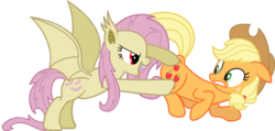 Size: 1280x611 | Tagged: safe, artist:porygon2z, artist:rozyfly10, applejack, fluttershy, bat pony, earth pony, pony, g4, apple, bat ponified, bat wings, duo, fangs, female, flutterbat, food, lesbian, mare, open mouth, race swap, red eyes, scared, ship:appleshy, shipping, simple background, that pony sure does love apples, this will end in pain, transparent background, wings