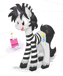 Size: 1763x2110 | Tagged: safe, artist:flutterthrash, oc, oc only, oc:creative flair, pony, birthday, birthday cake, cake, clothes, food, hat, prison outfit, prison stripes, solo