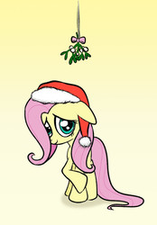 Size: 1127x1623 | Tagged: safe, artist:narbarnar, fluttershy, pony, g4, christmas, cute, female, floppy ears, hat, holiday, looking at you, mare, mistletoe, santa hat, shy, shyabetes, simple background, smiling, solo, standing