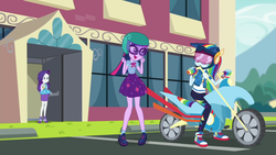 Size: 1920x1080 | Tagged: safe, screencap, rainbow dash, rarity, sci-twi, twilight sparkle, equestria girls, fomo, g4, my little pony equestria girls: better together, canterlot high, clothes, converse, female, geode of shielding, geode of telekinesis, glasses, helmet, high heels, legs, magical geodes, motorcycle, pants, ponytail, shoes, skirt, sneakers, visor
