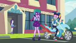 Size: 1920x1080 | Tagged: safe, screencap, rainbow dash, rarity, sci-twi, twilight sparkle, equestria girls, fomo, g4, my little pony equestria girls: better together, canterlot high, clothes, converse, female, geode of shielding, geode of telekinesis, glasses, helmet, high heels, legs, magical geodes, motorcycle, pants, ponytail, sci-twi skirt, shoes, skirt, sneakers, visor